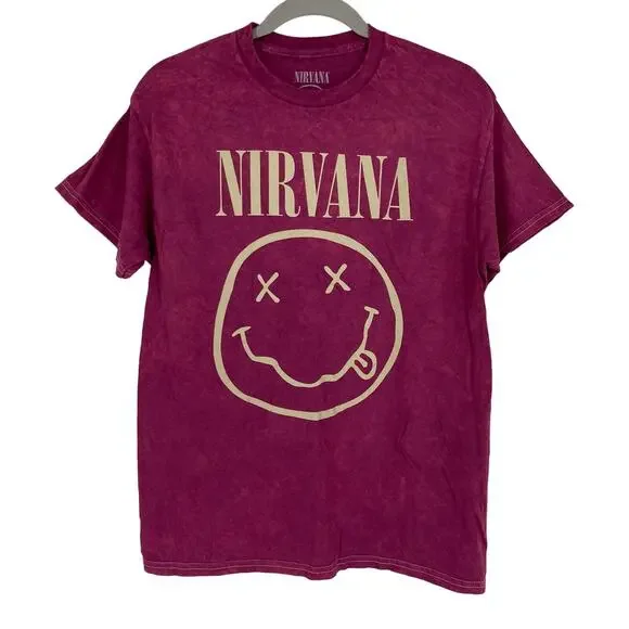 Officially Licensed Nirvana Nevermind Smiley Grunge Tee Magenta Acid Wash Medium - Picture 5 of 5